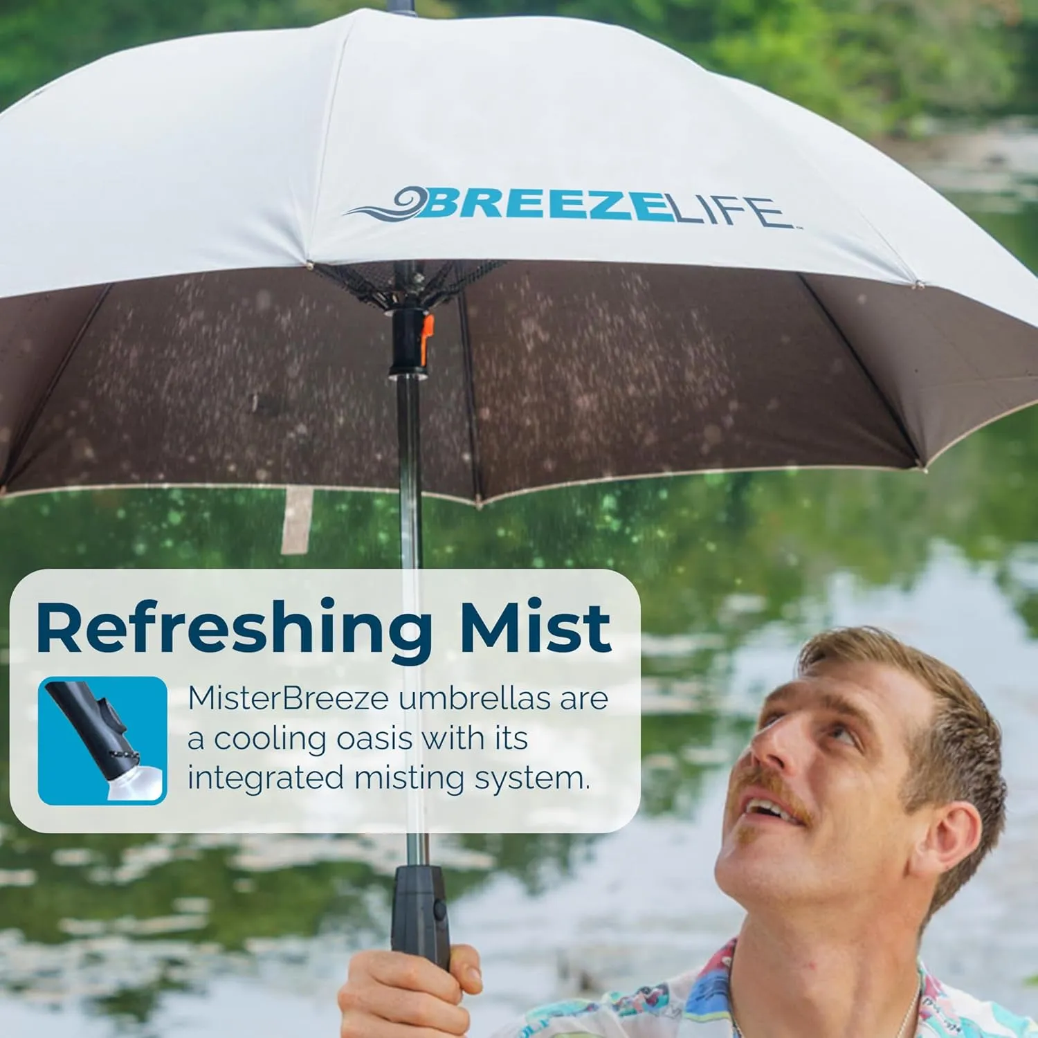 Original Mister Breeze, Sun Umbrella with Fan and Mister, Umbrella Mister with Built-in Fan for Festivals, Beach and More, Blocks Harmful Sun Rays, Mist bottle included, Silver