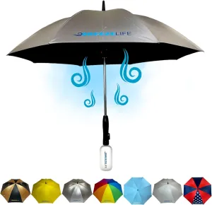 Original Mister Breeze, Sun Umbrella with Fan and Mister, Umbrella Mister with Built-in Fan for Festivals, Beach and More, Blocks Harmful Sun Rays, Mist bottle included, Silver