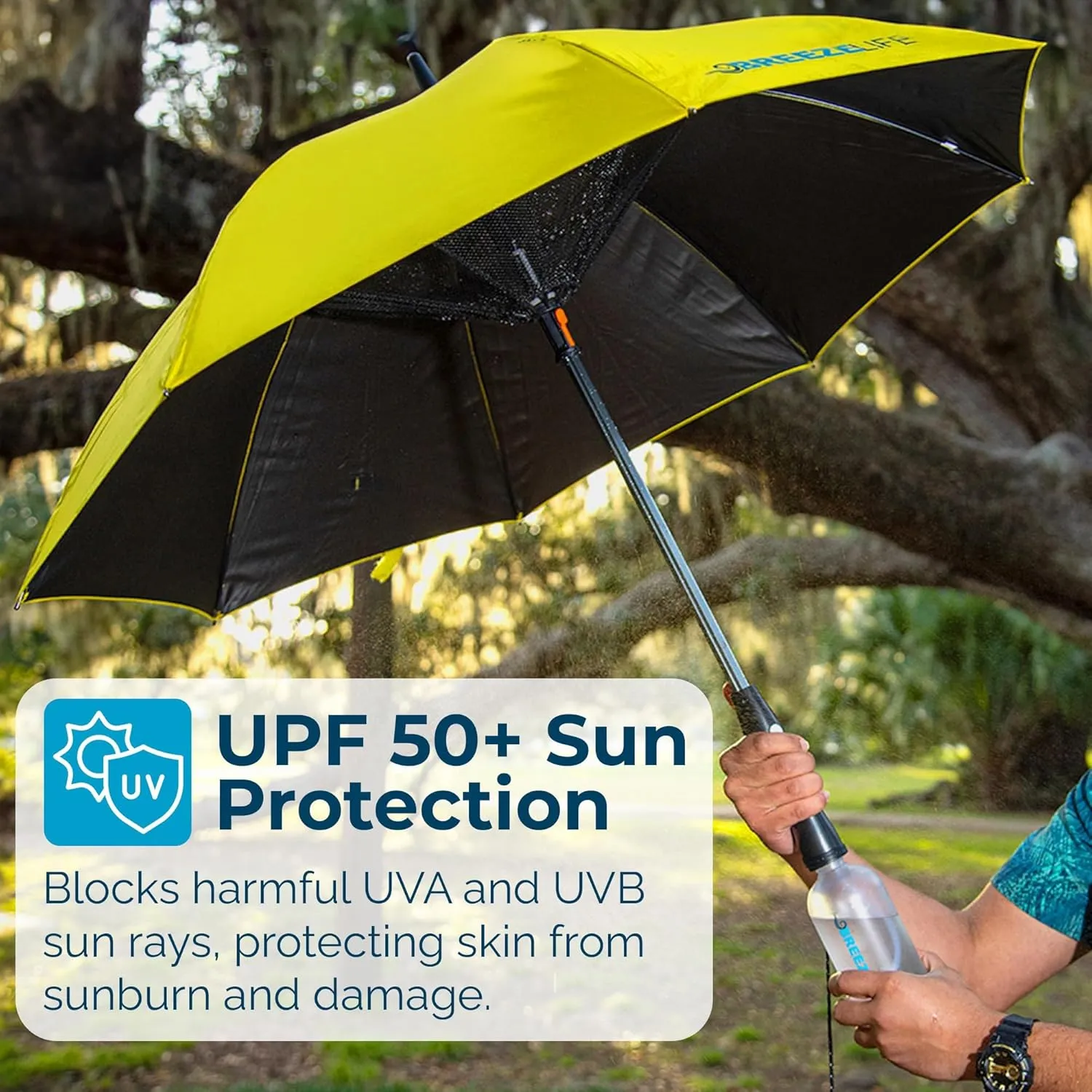 Original Mister Breeze, Sun Umbrella with Fan and Mister, Umbrella Mister with Built-in Fan for Festivals, Beach and More, Blocks Harmful Sun Rays, Mist bottle included, Silver