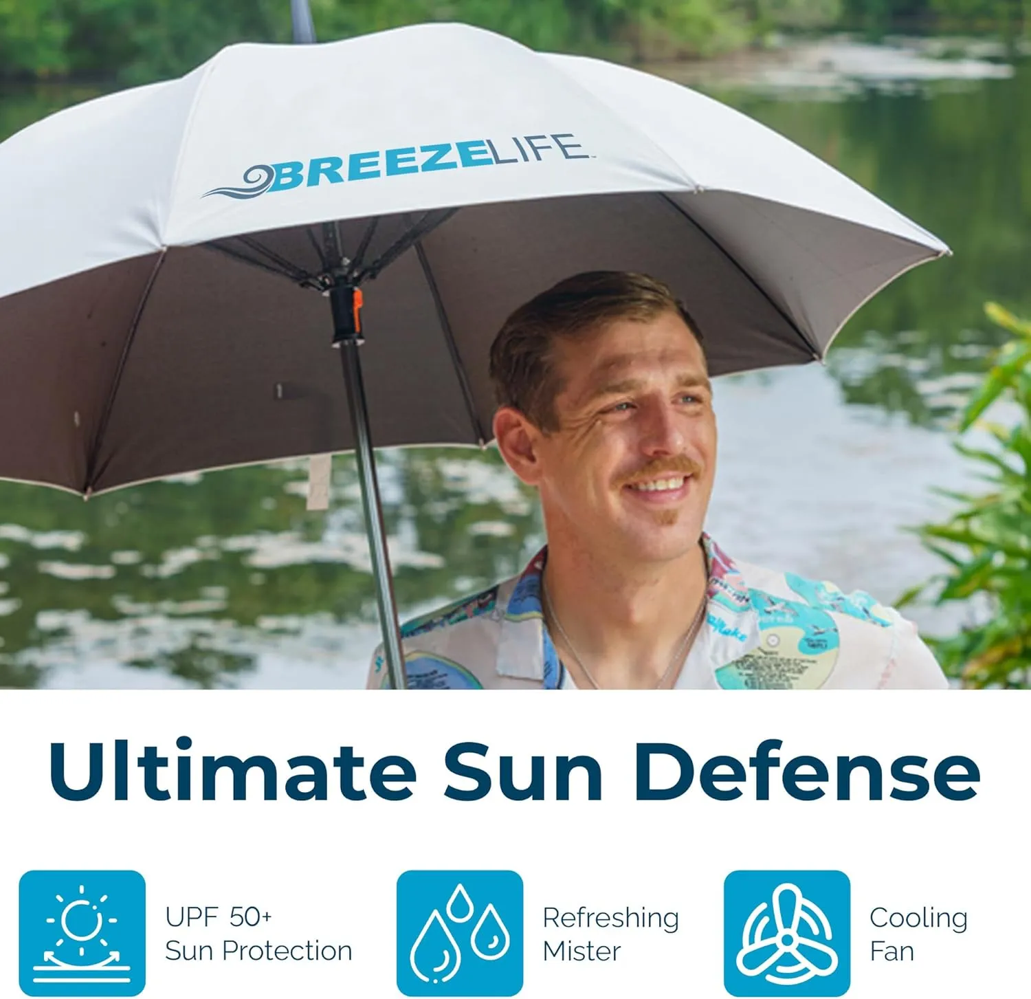 Original Mister Breeze, Sun Umbrella with Fan and Mister, Umbrella Mister with Built-in Fan for Festivals, Beach and More, Blocks Harmful Sun Rays, Mist bottle included, Silver