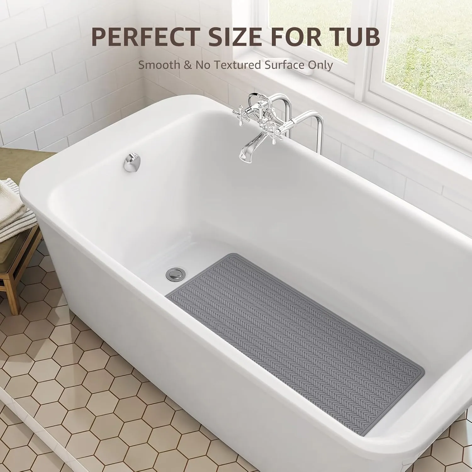 OTHWAY Bathtub Mat Non Slip, Extra Long Rubber Bath Mat for Tub, Machine Washable Shower Anti Slip Mat with 332 Strong Suction Cups (Grey, 36" x 17")