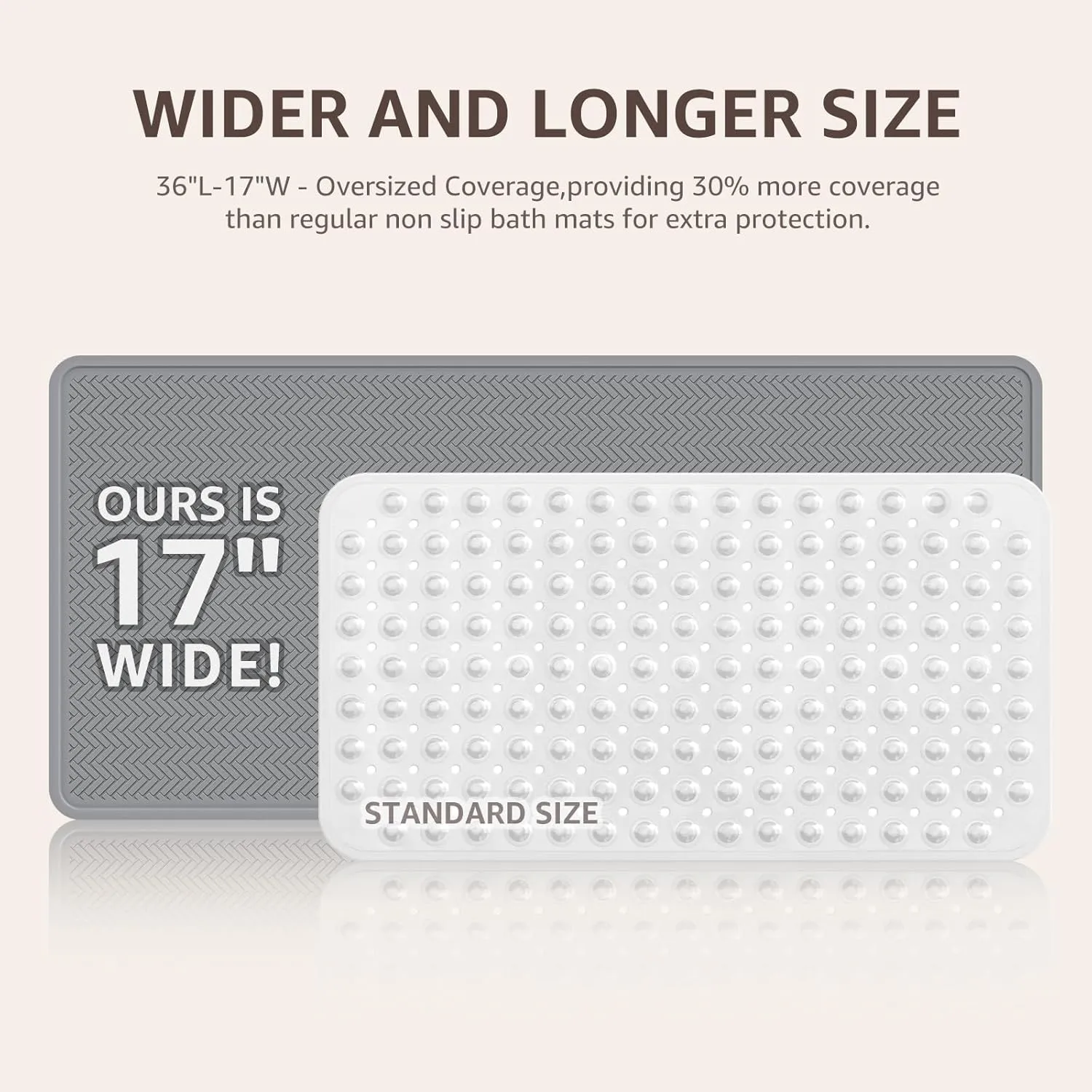OTHWAY Bathtub Mat Non Slip, Extra Long Rubber Bath Mat for Tub, Machine Washable Shower Anti Slip Mat with 332 Strong Suction Cups (Grey, 36" x 17")