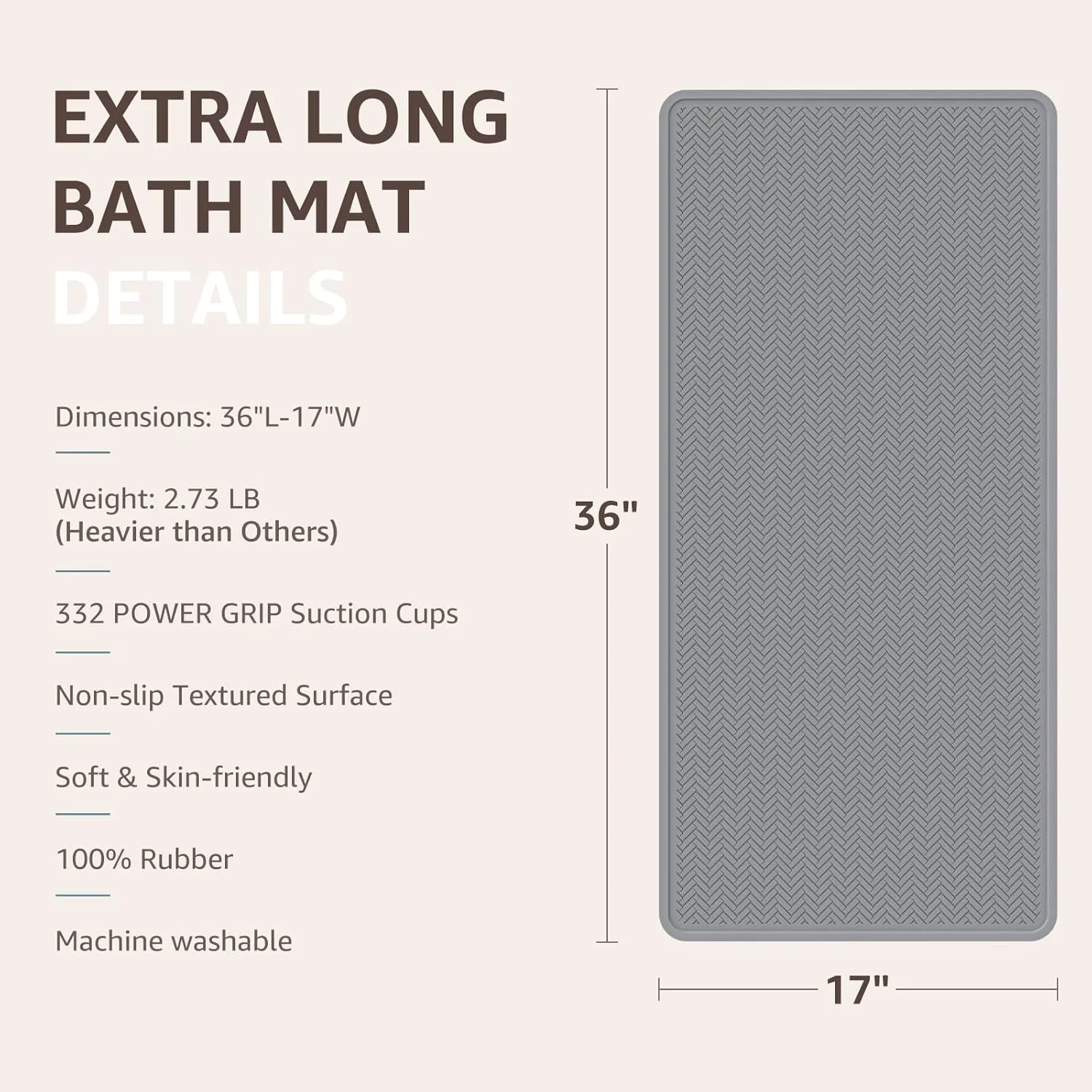 OTHWAY Bathtub Mat Non Slip, Extra Long Rubber Bath Mat for Tub, Machine Washable Shower Anti Slip Mat with 332 Strong Suction Cups (Grey, 36" x 17")