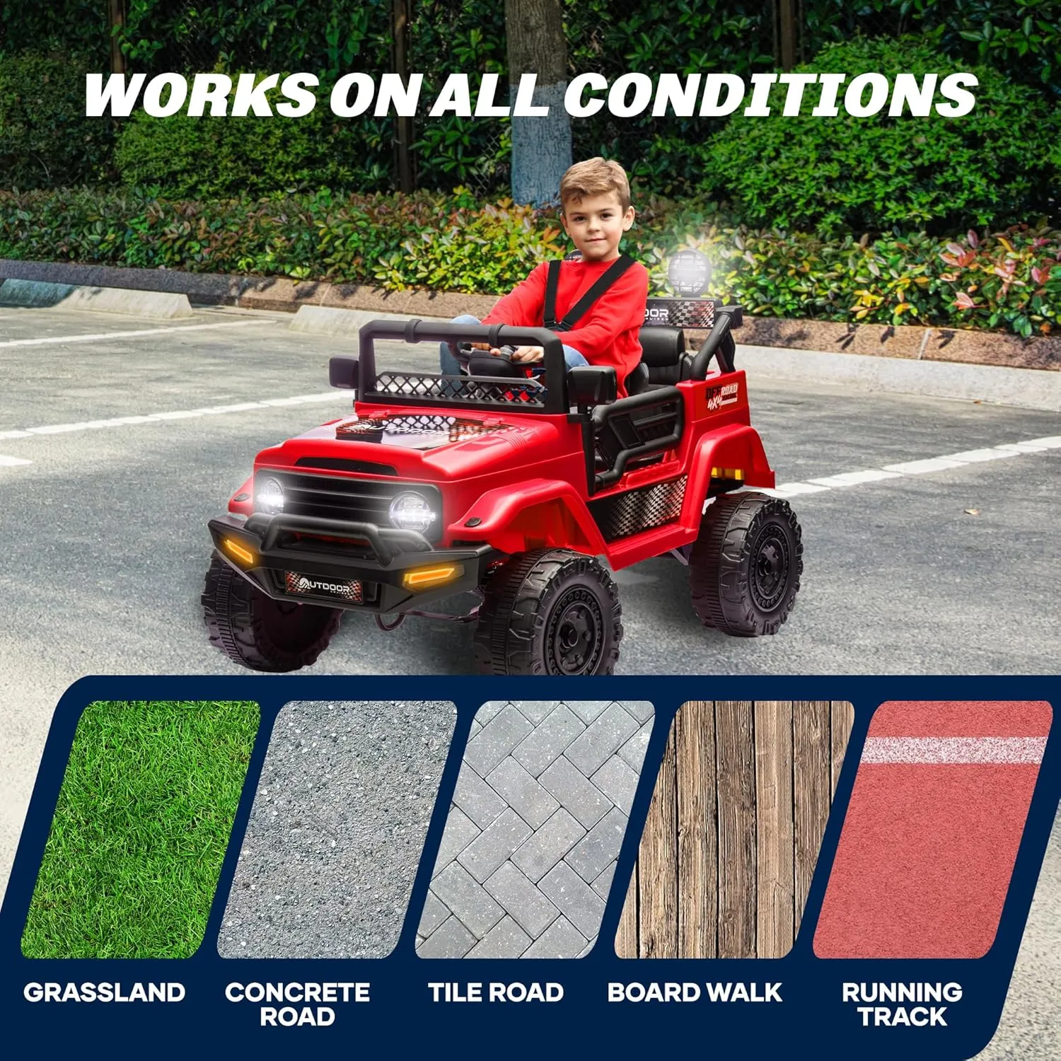 Outdoor Cruiser 12V Kids Ride-On Car with Remote Control - Dual 25W Motors, 4.5AH Battery, Safety Belt, Emergency Stop, Spring Suspension, Smooth Terrain Drive, Max Load 66 lbs, Ages 3-8 Years, Red