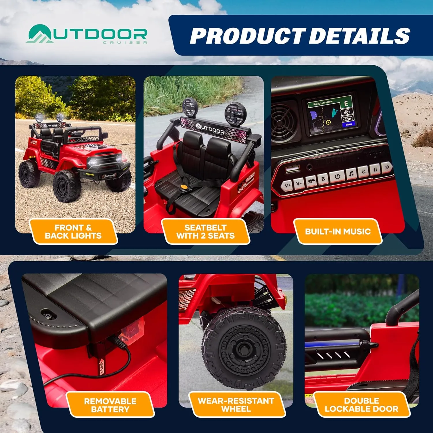 Outdoor Cruiser 12V Kids Ride-On Car with Remote Control - Dual 25W Motors, 4.5AH Battery, Safety Belt, Emergency Stop, Spring Suspension, Smooth Terrain Drive, Max Load 66 lbs, Ages 3-8 Years, Red
