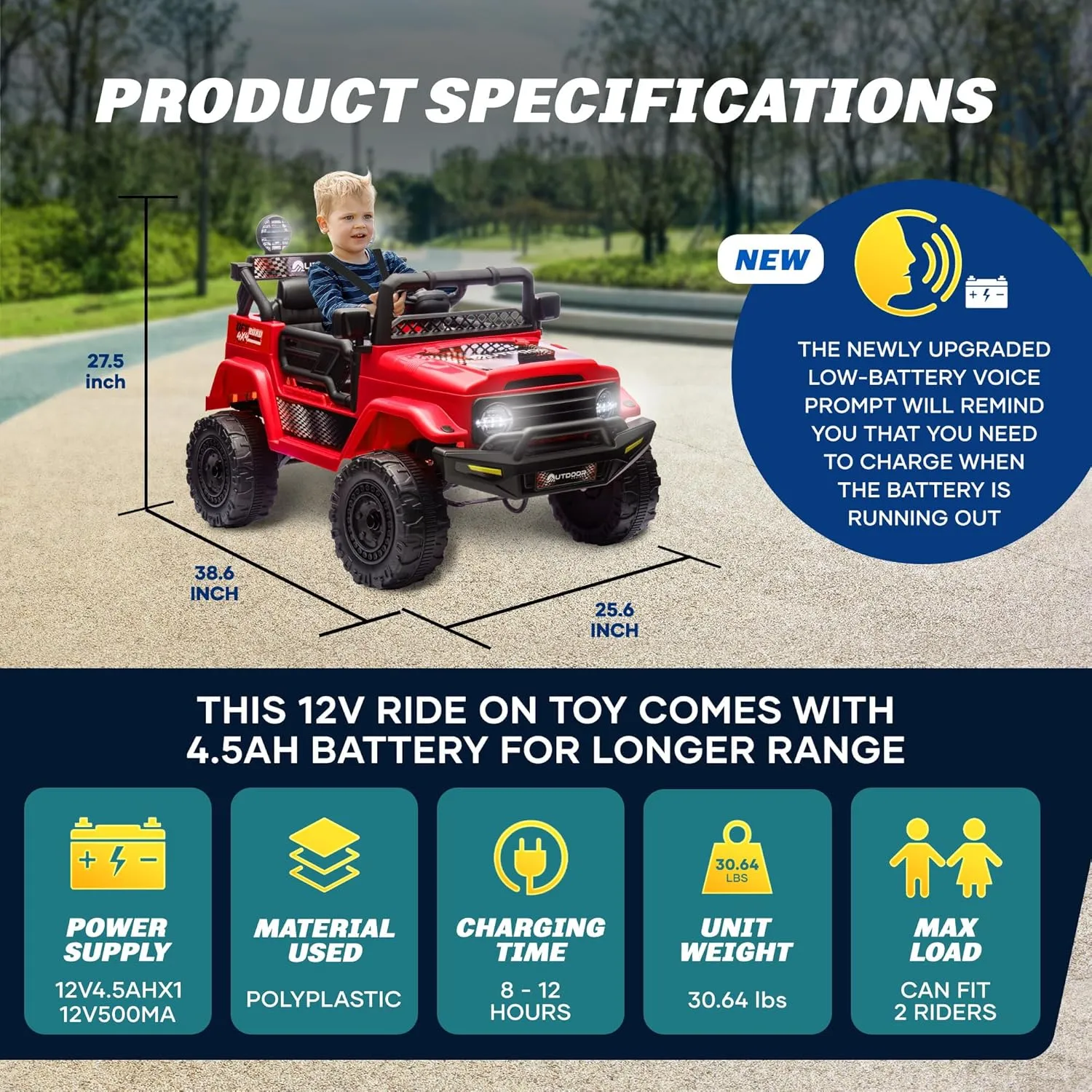 Outdoor Cruiser 12V Kids Ride-On Car with Remote Control - Dual 25W Motors, 4.5AH Battery, Safety Belt, Emergency Stop, Spring Suspension, Smooth Terrain Drive, Max Load 66 lbs, Ages 3-8 Years, Red