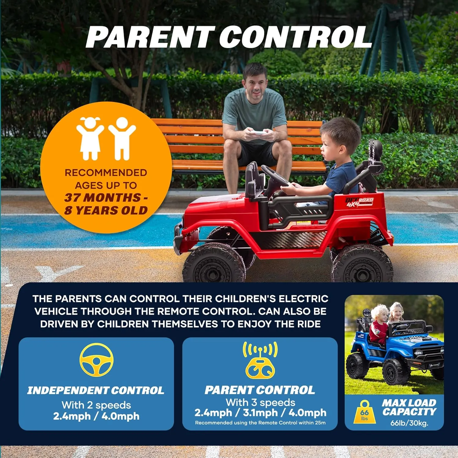 Outdoor Cruiser 12V Kids Ride-On Car with Remote Control - Dual 25W Motors, 4.5AH Battery, Safety Belt, Emergency Stop, Spring Suspension, Smooth Terrain Drive, Max Load 66 lbs, Ages 3-8 Years, Red