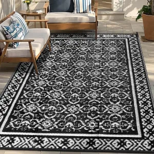 Outdoor Patio Plastic Straw Rug - 4'x6' Outdoor Camping Rug Waterproof Reversible, Area Carpet Patios Clearance RV, Outside Porch Balcony Deck for Camper, Classic Black & White