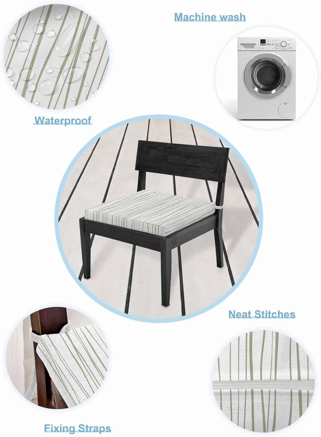 Outdoor Waterproof Cushion Covers Sage Green Lines Replacement Stretch Seat Slipcover for Patio, Abstract Classic Stripes Chair Couch Sofa Covers Furniture Protector Set of 2,20x18IN