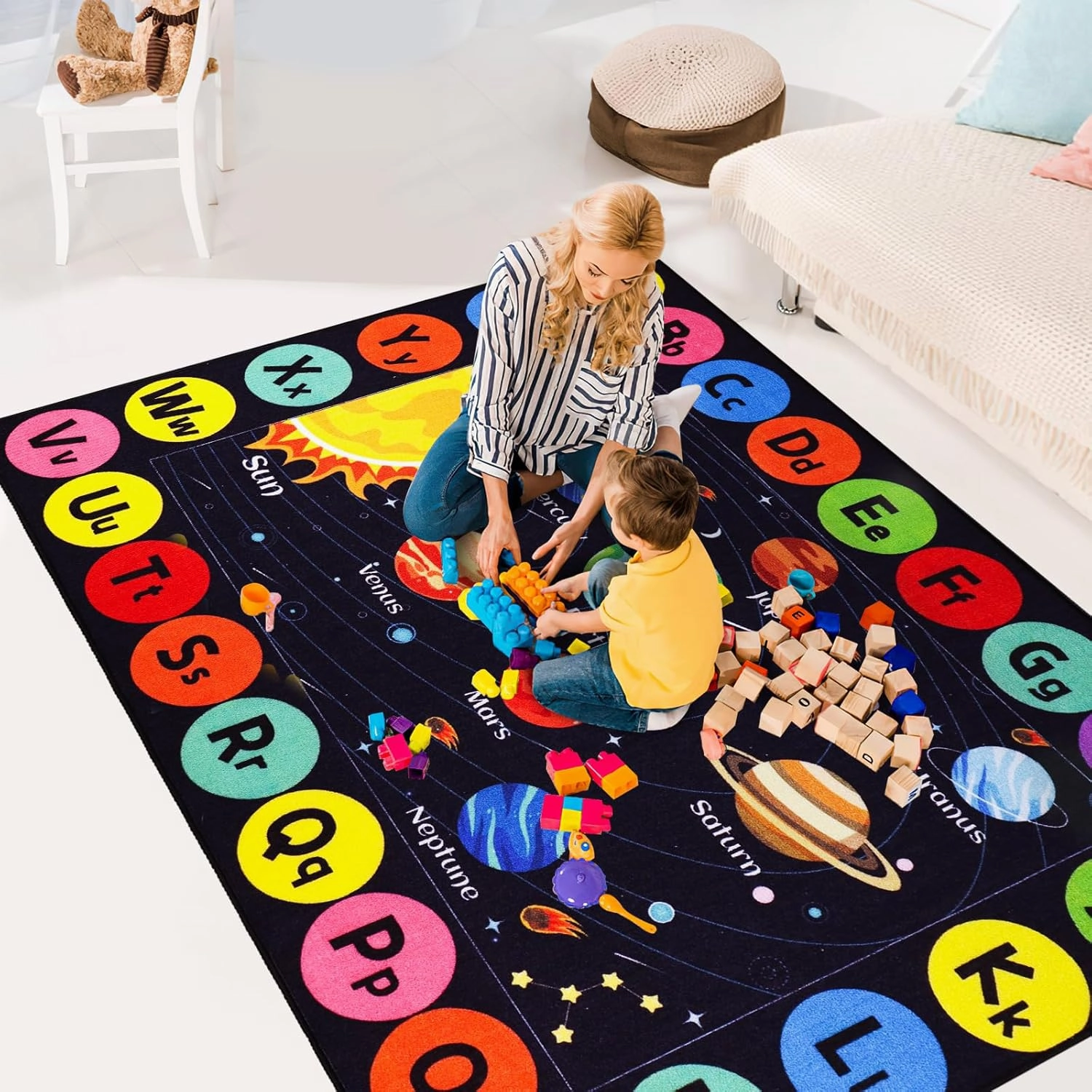 Outer Space Kids Rug Carpet for Playroom, ABC Educational Learning Area Rug, Non-Slip Solar System Road Play Play Rug for Kids Bedrooms, Classroom, Nursery Room Decor (Black, 59X39.4 INCH)