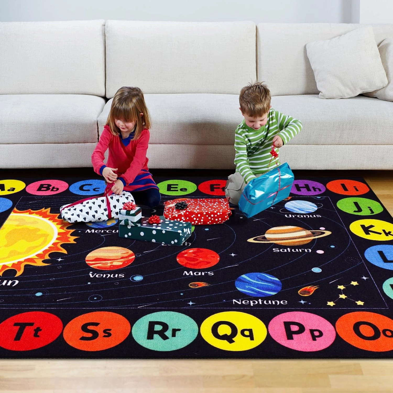 Outer Space Kids Rug Carpet for Playroom, ABC Educational Learning Area Rug, Non-Slip Solar System Road Play Play Rug for Kids Bedrooms, Classroom, Nursery Room Decor (Black, 59X39.4 INCH)