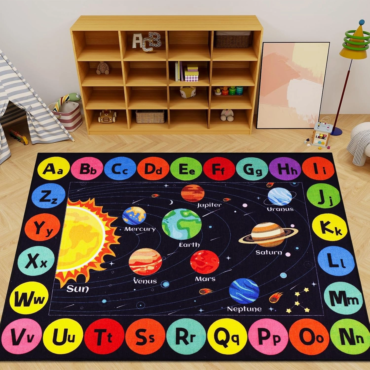 Outer Space Kids Rug Carpet for Playroom, ABC Educational Learning Area Rug, Non-Slip Solar System Road Play Play Rug for Kids Bedrooms, Classroom, Nursery Room Decor (Black, 59X39.4 INCH)