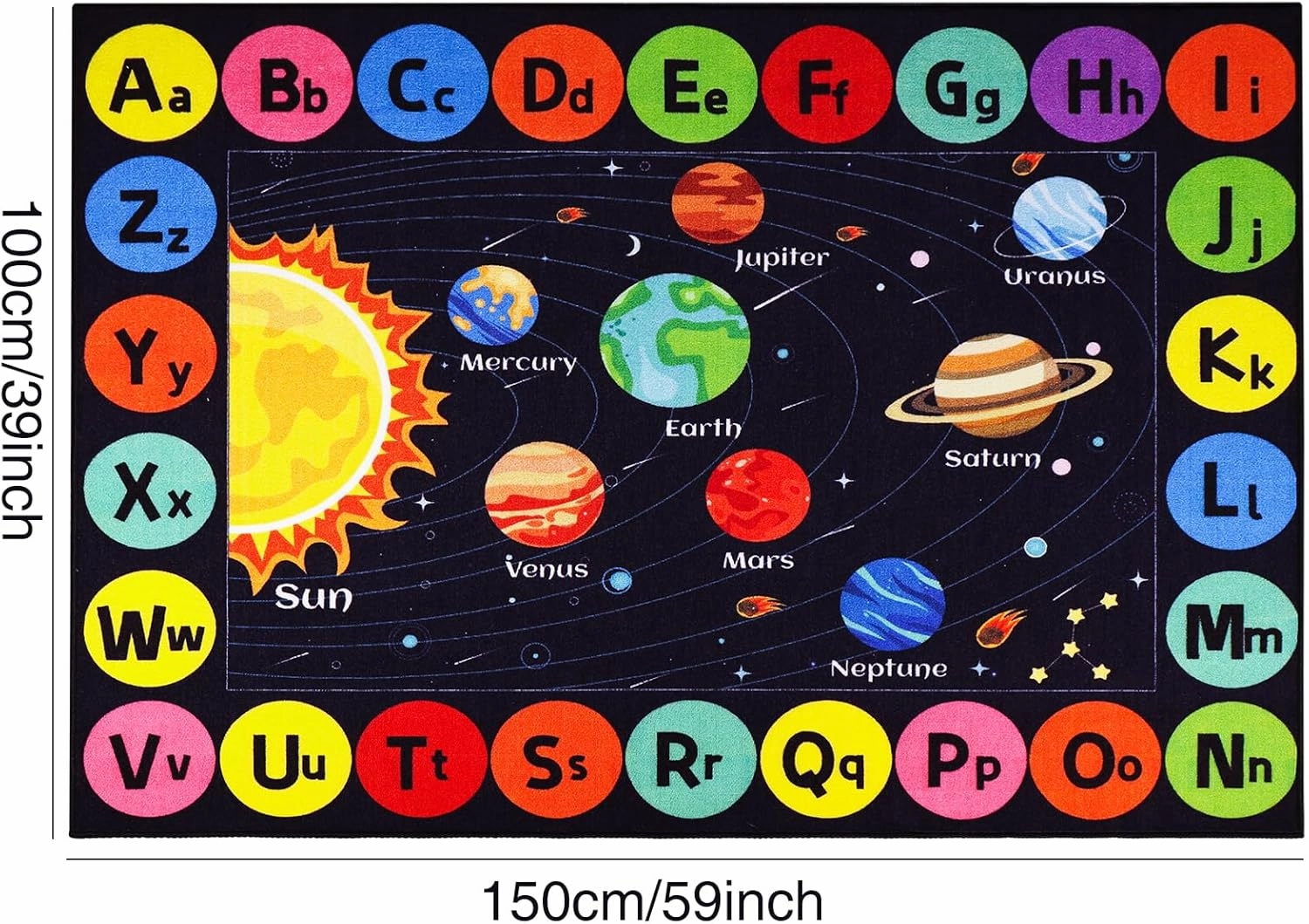Outer Space Kids Rug Carpet for Playroom, ABC Educational Learning Area Rug, Non-Slip Solar System Road Play Play Rug for Kids Bedrooms, Classroom, Nursery Room Decor (Black, 59X39.4 INCH)