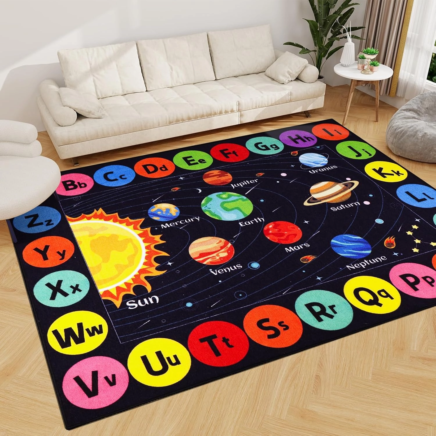 Outer Space Kids Rug Carpet for Playroom, ABC Educational Learning Area Rug, Non-Slip Solar System Road Play Play Rug for Kids Bedrooms, Classroom, Nursery Room Decor (Black, 59X39.4 INCH)
