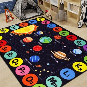 Outer Space Kids Rug Carpet for Playroom, ABC Educational Learning Area Rug, Non-Slip Solar System Road Play Play Rug for Kids Bedrooms, Classroom, Nursery Room Decor (Black, 59X39.4 INCH)