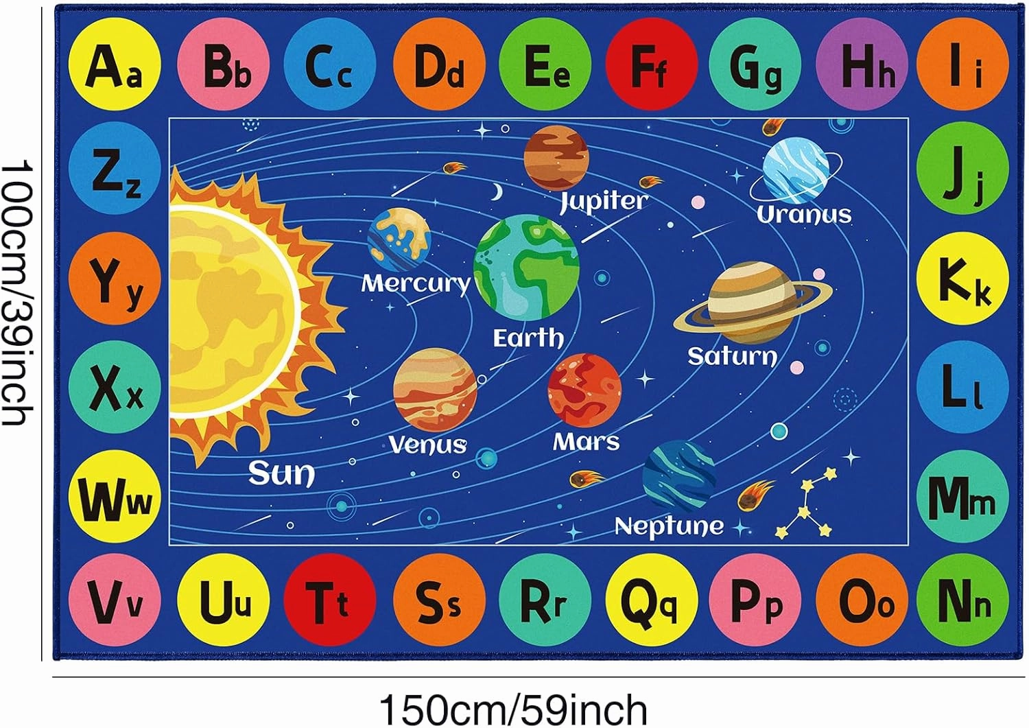 Outer Space Rug for Kids Room, ABC Educational Learning Kids Carpet, Non-Slip Solar System Road Play Play Rug for Kids Bedrooms, Classroom, Nursery Room Decor (Blue, 59X39.4 INCH)