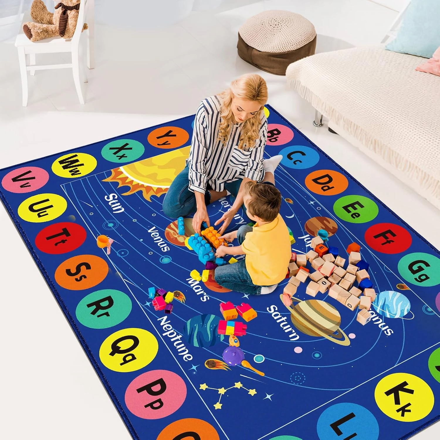 Outer Space Rug for Kids Room, ABC Educational Learning Kids Carpet, Non-Slip Solar System Road Play Play Rug for Kids Bedrooms, Classroom, Nursery Room Decor (Blue, 59X39.4 INCH)