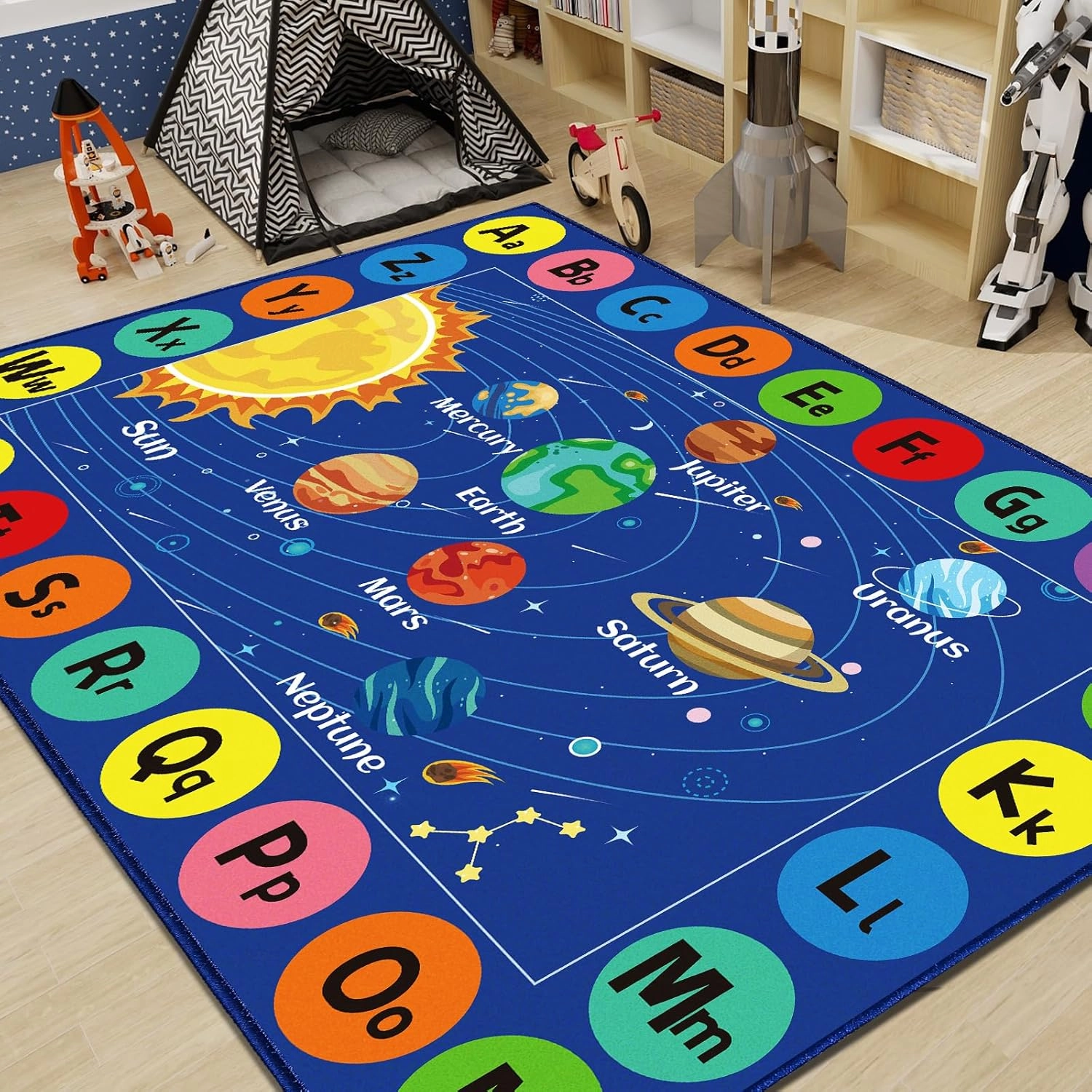 Outer Space Rug for Kids Room, ABC Educational Learning Kids Carpet, Non-Slip Solar System Road Play Play Rug for Kids Bedrooms, Classroom, Nursery Room Decor (Blue, 59X39.4 INCH)