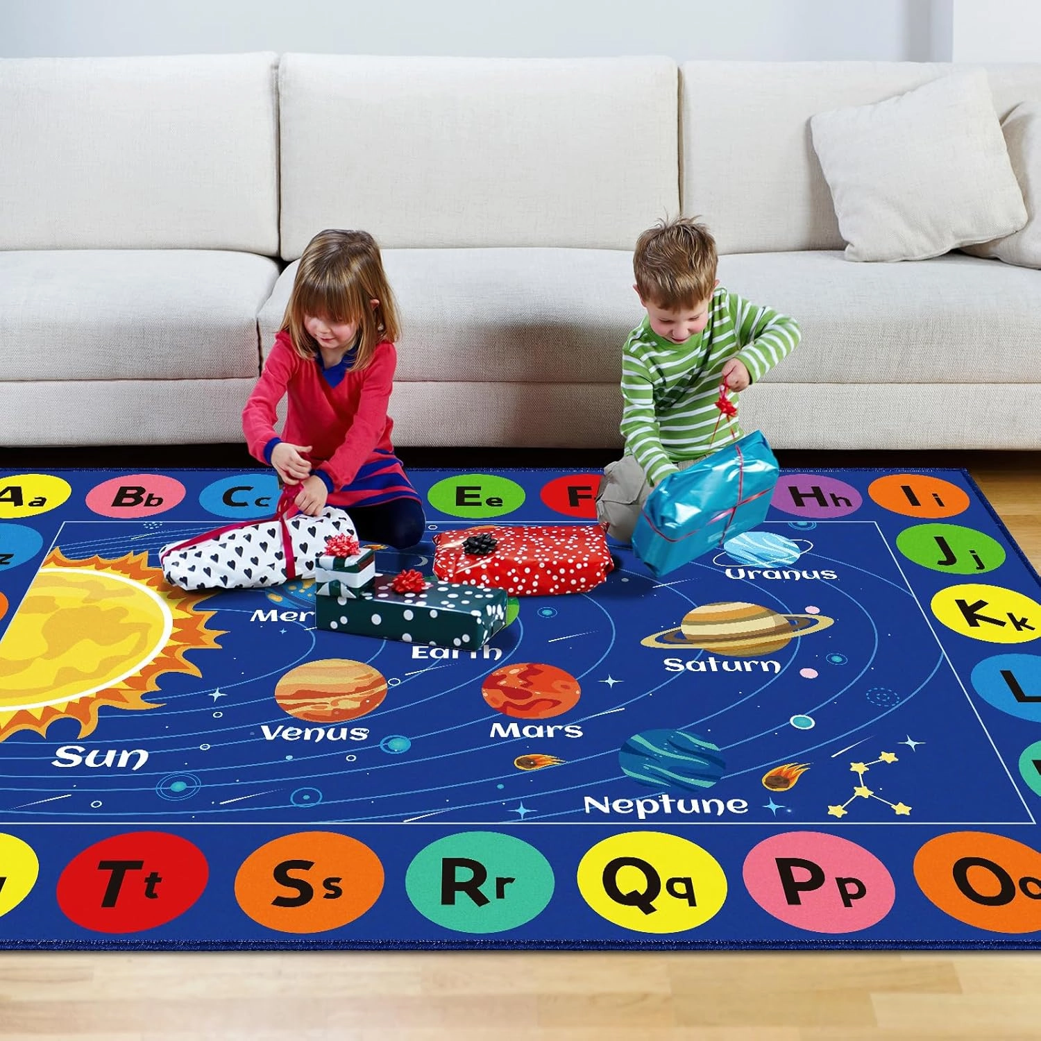 Outer Space Rug for Kids Room, ABC Educational Learning Kids Carpet, Non-Slip Solar System Road Play Play Rug for Kids Bedrooms, Classroom, Nursery Room Decor (Blue, 59X39.4 INCH)