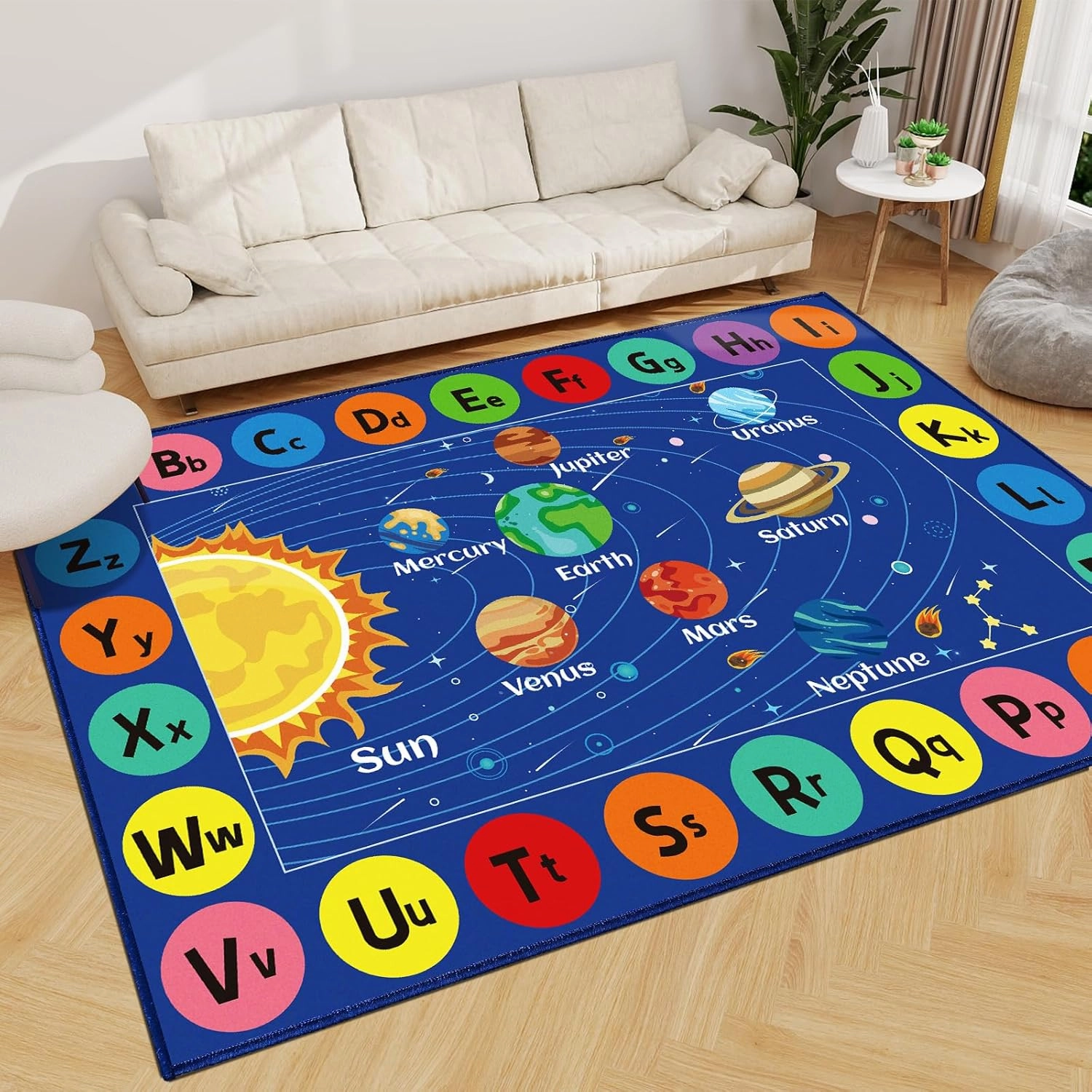 Outer Space Rug for Kids Room, ABC Educational Learning Kids Carpet, Non-Slip Solar System Road Play Play Rug for Kids Bedrooms, Classroom, Nursery Room Decor (Blue, 59X39.4 INCH)