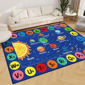 Outer Space Rug for Kids Room, ABC Educational Learning Kids Carpet, Non-Slip Solar System Road Play Play Rug for Kids Bedrooms, Classroom, Nursery Room Decor (Blue, 59X39.4 INCH)