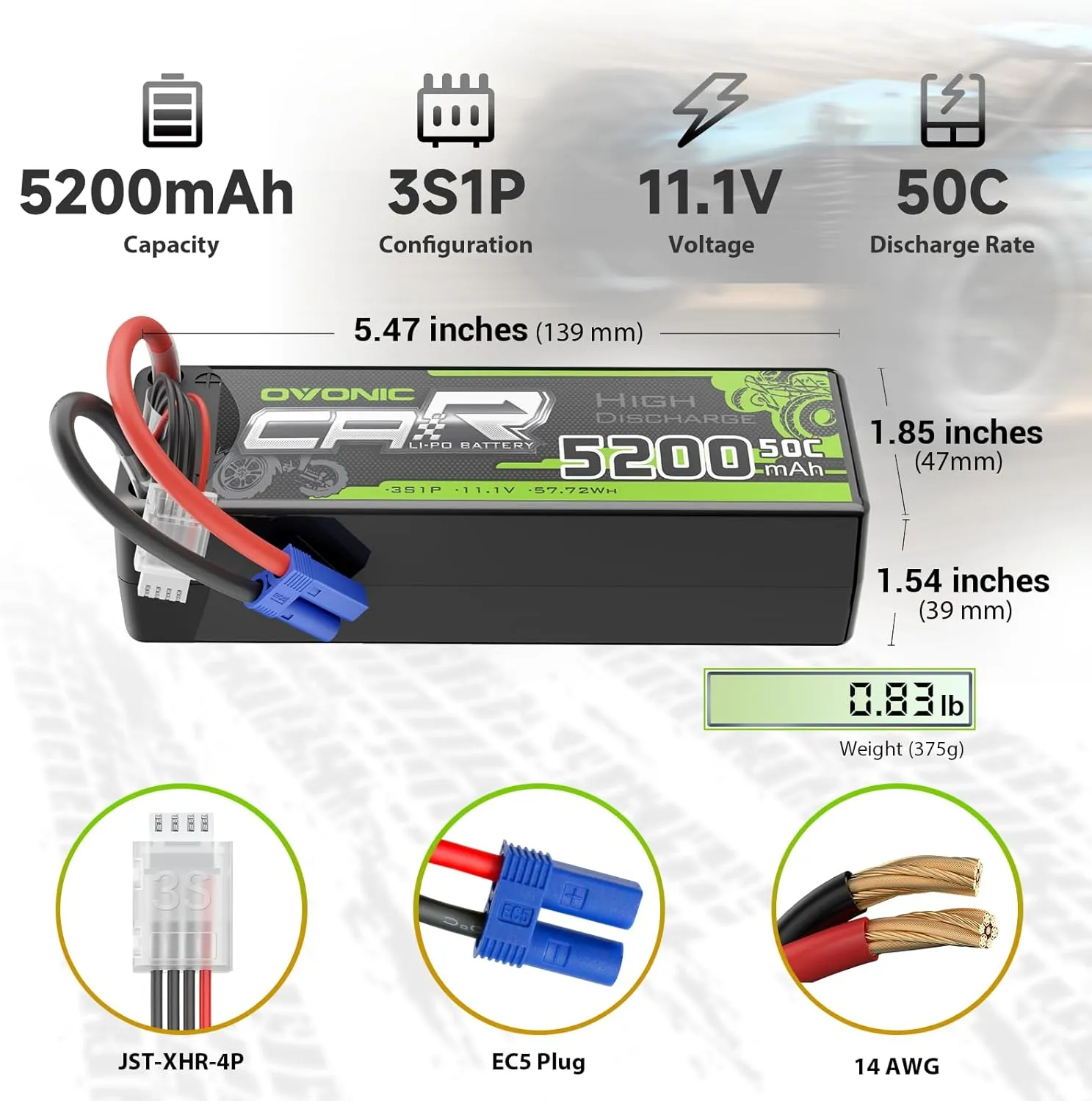 OVONIC 3S Lipo Battery 50C 5200mAh 11.1V Lipo Battery with EC5 Connector for Arrma 1/5 1/8 1/10 RC Car and Truck