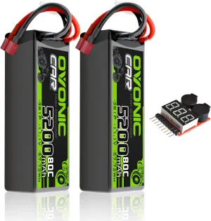 OVONIC Lipo Battery 11.1V 80C 5200mAh 3S Battery with Dean-Style T Plug Hardcase Battery for RC Car Boat Truck Helicopter Airplane Racing Models(2 Packs)(with Lipo Voltage Checker)