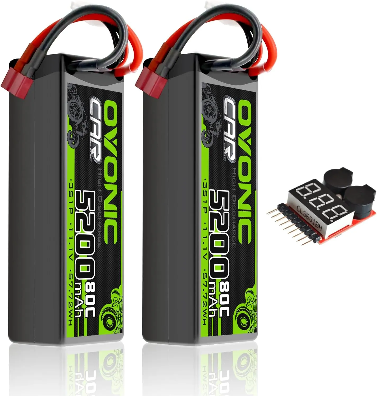 OVONIC Lipo Battery 11.1V 80C 5200mAh 3S Battery with Dean-Style T Plug Hardcase Battery for RC Car Boat Truck Helicopter Airplane Racing Models(2 Packs)(with Lipo Voltage Checker)