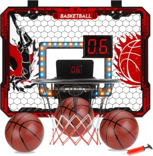OZMI Mini Basketball Hoop Indoor, Over The Door Basketball Hoop with LED Lights & Electronic Scoreboard, Includes 3 Balls & Pump, Kids Basketball Toys Gift for 5 6 7 8 9 10 11 12 Year Old Boys Girls