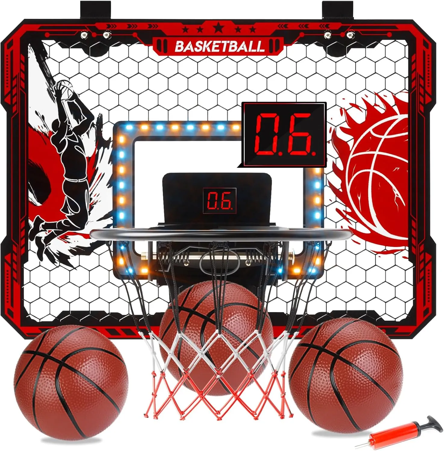 OZMI Mini Basketball Hoop Indoor, Over The Door Basketball Hoop with LED Lights & Electronic Scoreboard, Includes 3 Balls & Pump, Kids Basketball Toys Gift for 5 6 7 8 9 10 11 12 Year Old Boys Girls