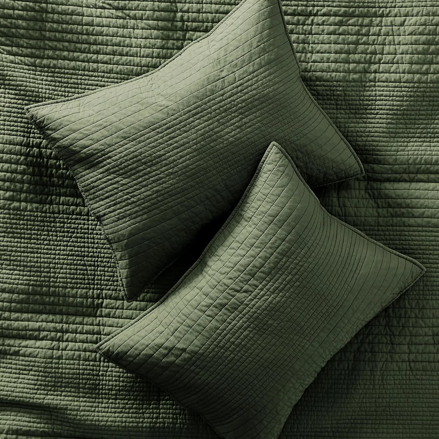 palassio Striped Olive Green 100% Cotton Quilt King Size Bedding Sets, Lightweight Crinkly Channel Pick Stitch Textured Bedspread Soft Shabby Chic Farmhouse Country Coverlet for All Season, 2 Shams