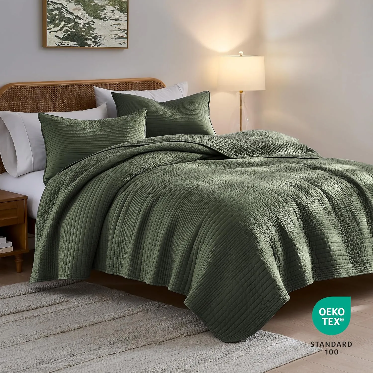 palassio Striped Olive Green 100% Cotton Quilt King Size Bedding Sets, Lightweight Crinkly Channel Pick Stitch Textured Bedspread Soft Shabby Chic Farmhouse Country Coverlet for All Season, 2 Shams