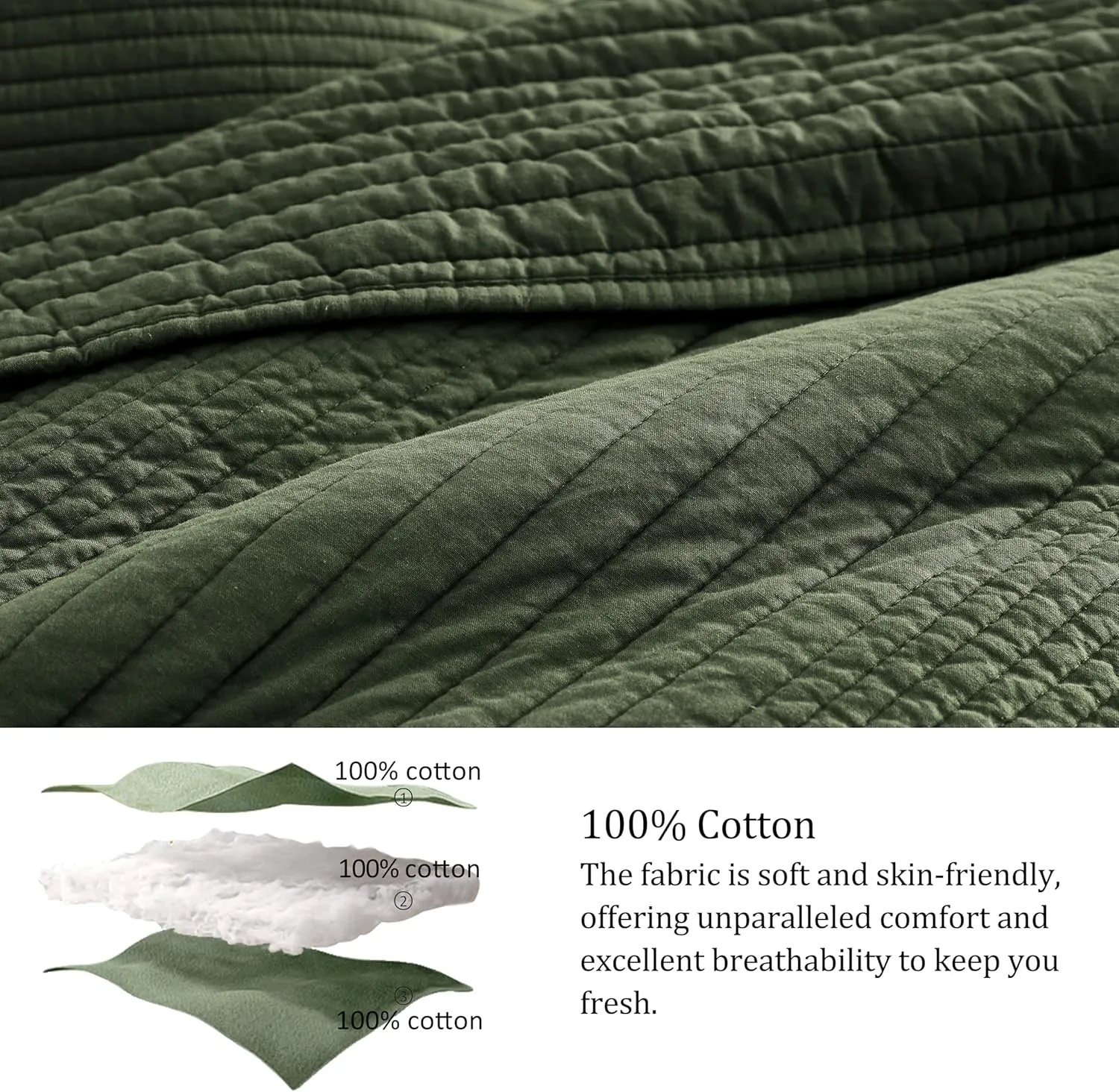 palassio Striped Olive Green 100% Cotton Quilt Queen Size Bedding Sets, Lightweight Crinkly Channel Pick Stitch Textured Bedspread Soft Shabby Chic Farmhouse Country Coverlet for All Season, 2 Shams