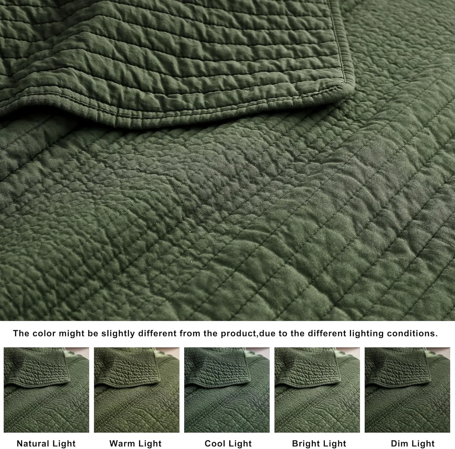 palassio Striped Olive Green 100% Cotton Quilt Queen Size Bedding Sets, Lightweight Crinkly Channel Pick Stitch Textured Bedspread Soft Shabby Chic Farmhouse Country Coverlet for All Season, 2 Shams
