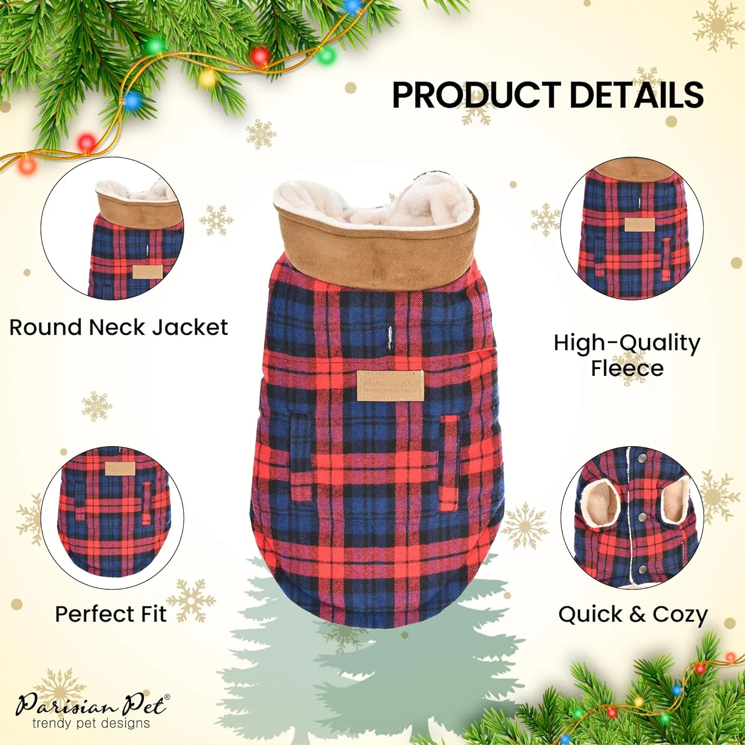 Parisian Pet Scottish Red Plaid Winter Coat - Windproof Jacket for Cold Weather - Warm Fleece Vest for Medium Dogs M