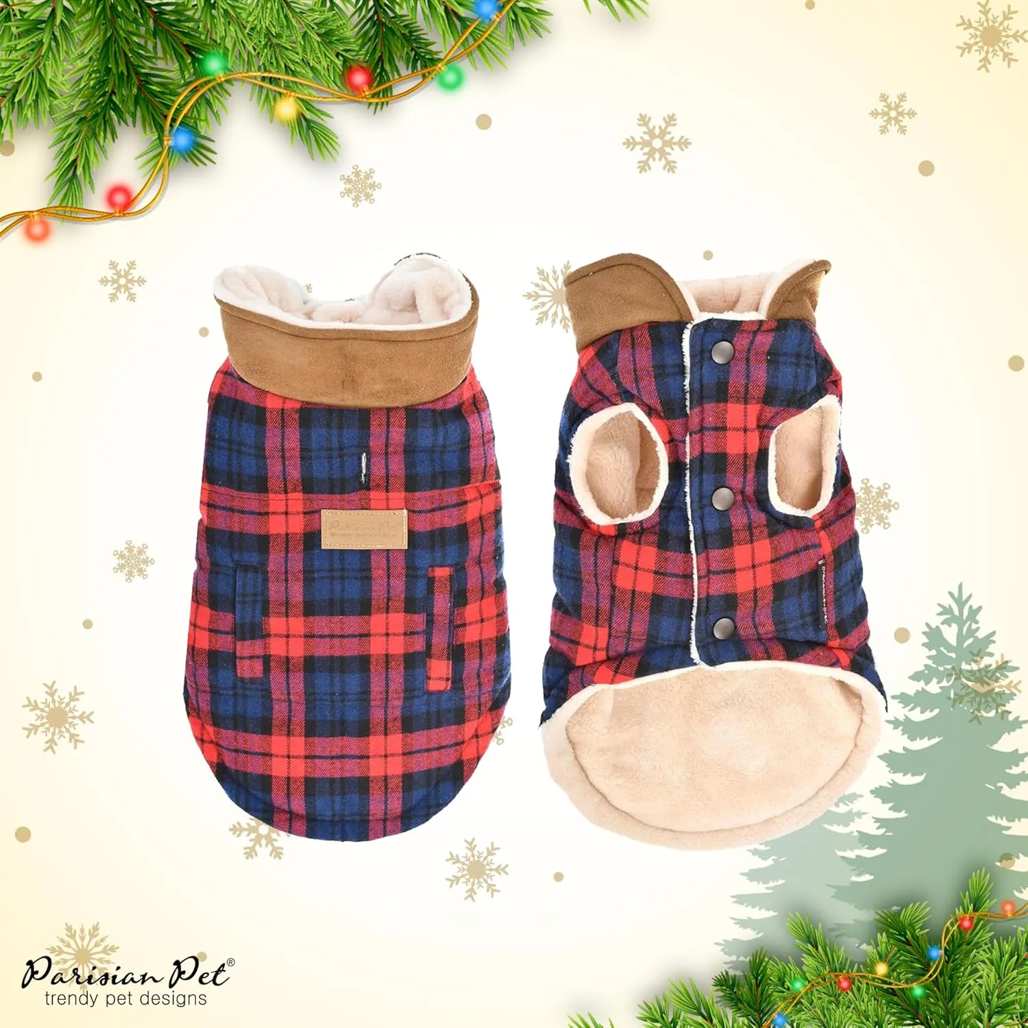 Parisian Pet Scottish Red Plaid Winter Coat - Windproof Jacket for Cold Weather - Warm Fleece Vest for Medium Dogs M