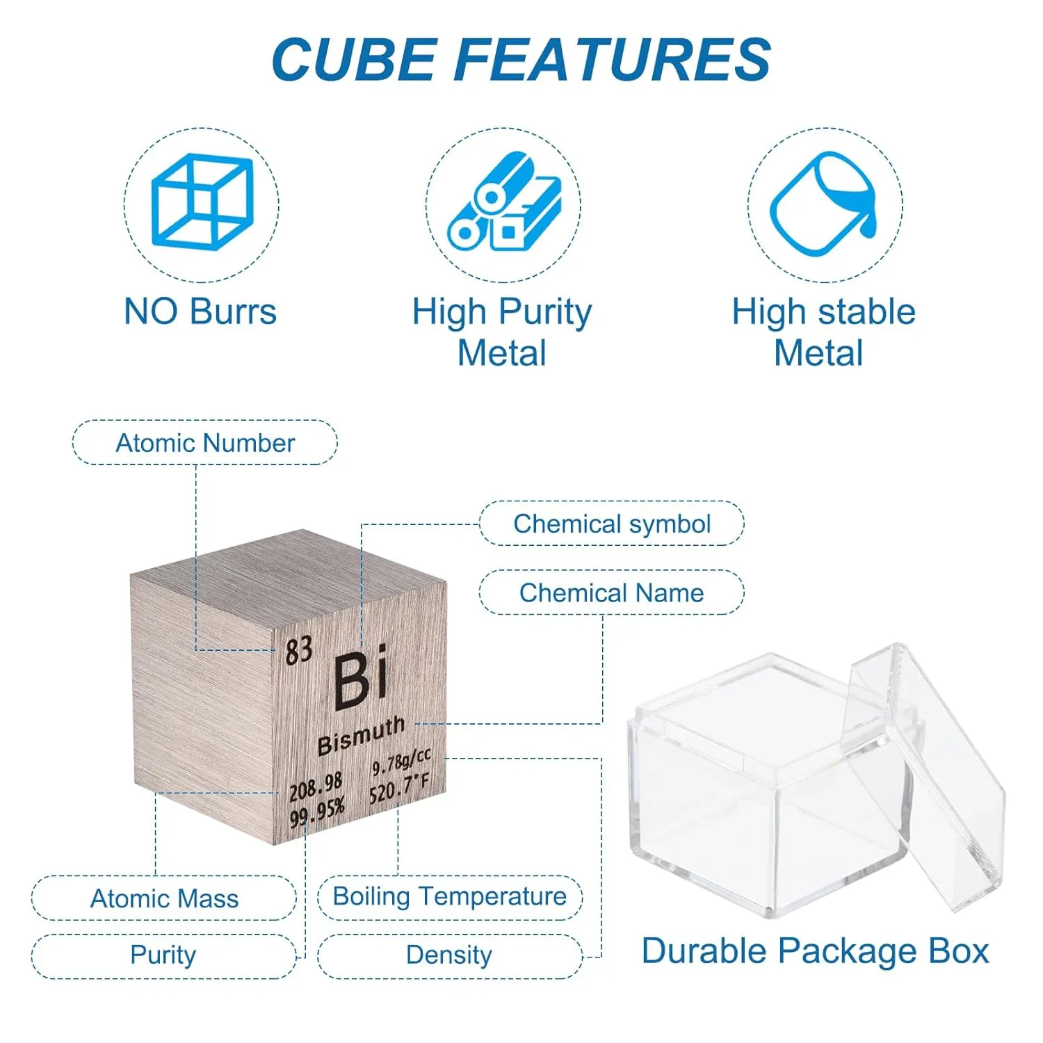 PATIKIL 1 Inch Bismuth Cube Metal Element High Density Block Pure Periodic Magnesium Block for Element Collections Teacher Lab Scientific Experiment, 25.4 mm