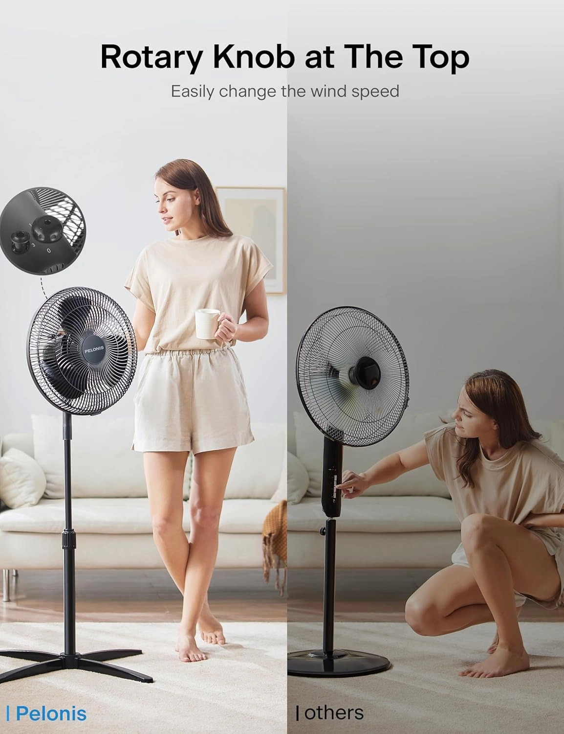 PELONIS Fan Portable 16 Inch Pedestal Fan| 3-Speed| 90° Oscillation| Adjustable Height| Standing Floor Fan for living room, bedroom, kitchen, and home office| Black, PFS40M2ABB