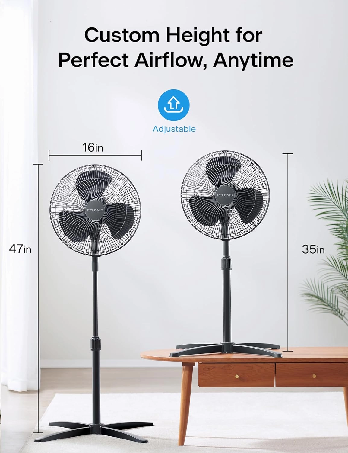 PELONIS Fan Portable 16 Inch Pedestal Fan| 3-Speed| 90° Oscillation| Adjustable Height| Standing Floor Fan for living room, bedroom, kitchen, and home office| Black, PFS40M2ABB