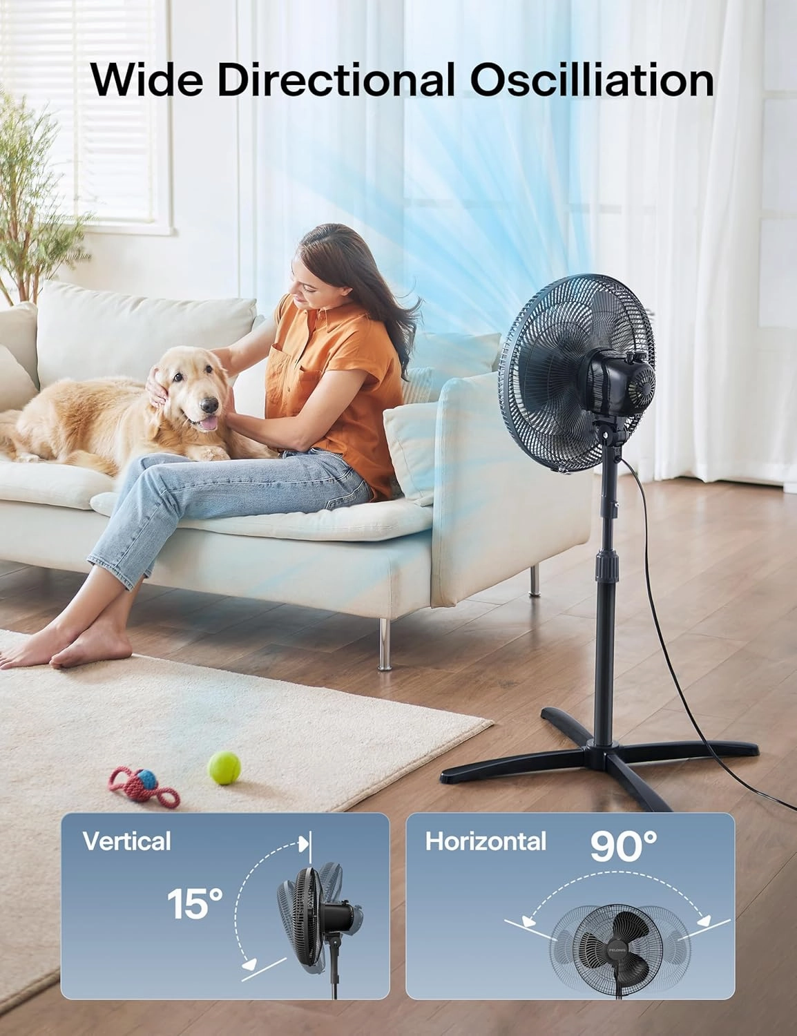 PELONIS Fan Portable 16 Inch Pedestal Fan| 3-Speed| 90° Oscillation| Adjustable Height| Standing Floor Fan for living room, bedroom, kitchen, and home office| Black, PFS40M2ABB