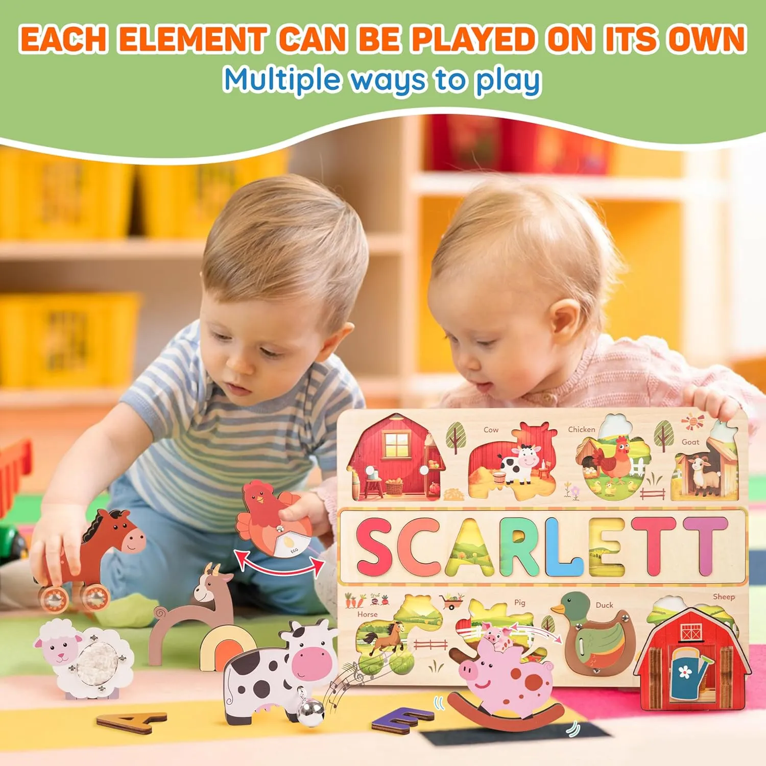 Personalized Farm Animal Wooden Name Puzzle, Wooden Chunky Baby Puzzle For Toddlers 1-3, Montessori Farm Animal Toys, Custom Baby Name Gifts, Preschoool Learning, Gift for Kid, One Year Old Birthday Gifts (Farm)