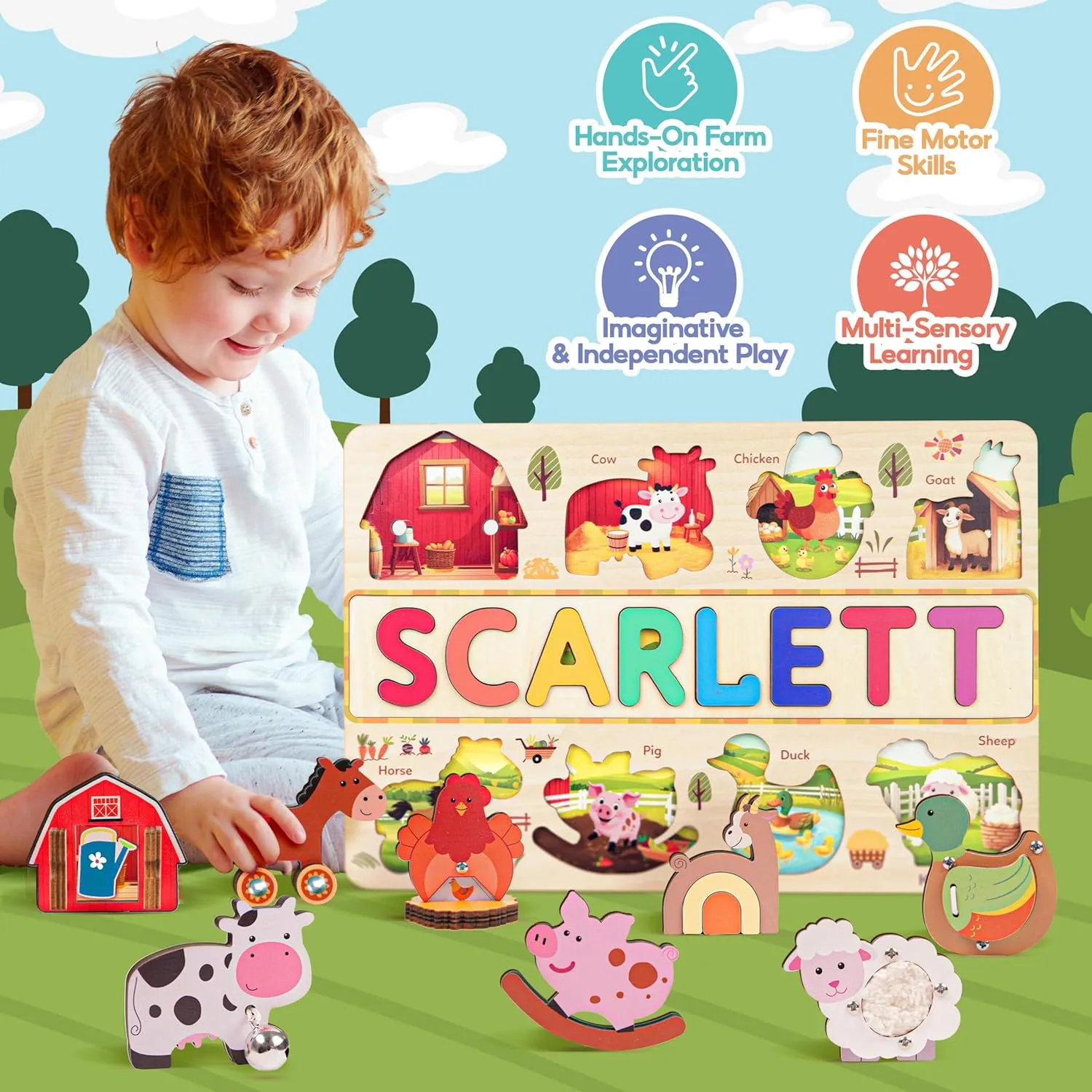 Personalized Farm Animal Wooden Name Puzzle, Wooden Chunky Baby Puzzle For Toddlers 1-3, Montessori Farm Animal Toys, Custom Baby Name Gifts, Preschoool Learning, Gift for Kid, One Year Old Birthday Gifts (Farm)