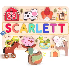 Personalized Farm Animal Wooden Name Puzzle, Wooden Chunky Baby Puzzle For Toddlers 1-3, Montessori Farm Animal Toys, Custom Baby Name Gifts, Preschoool Learning, Gift for Kid, One Year Old Birthday Gifts (Farm)