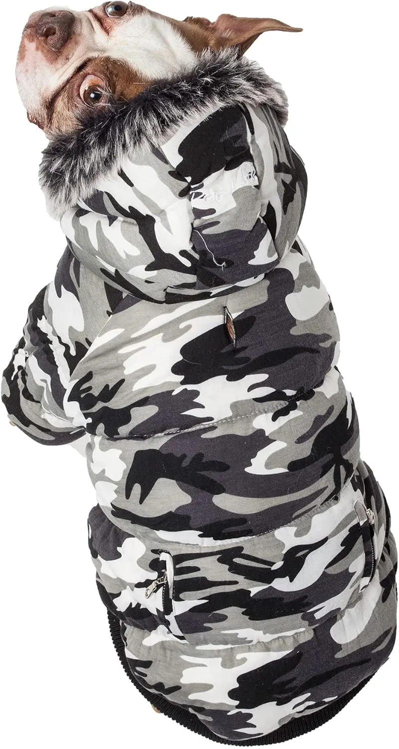 PET LIFE Classic Metallic Fashion Pet Dog Coat Jacket Parka w/ 3M Insulation and Removable Hood, Large, Deer Pattern