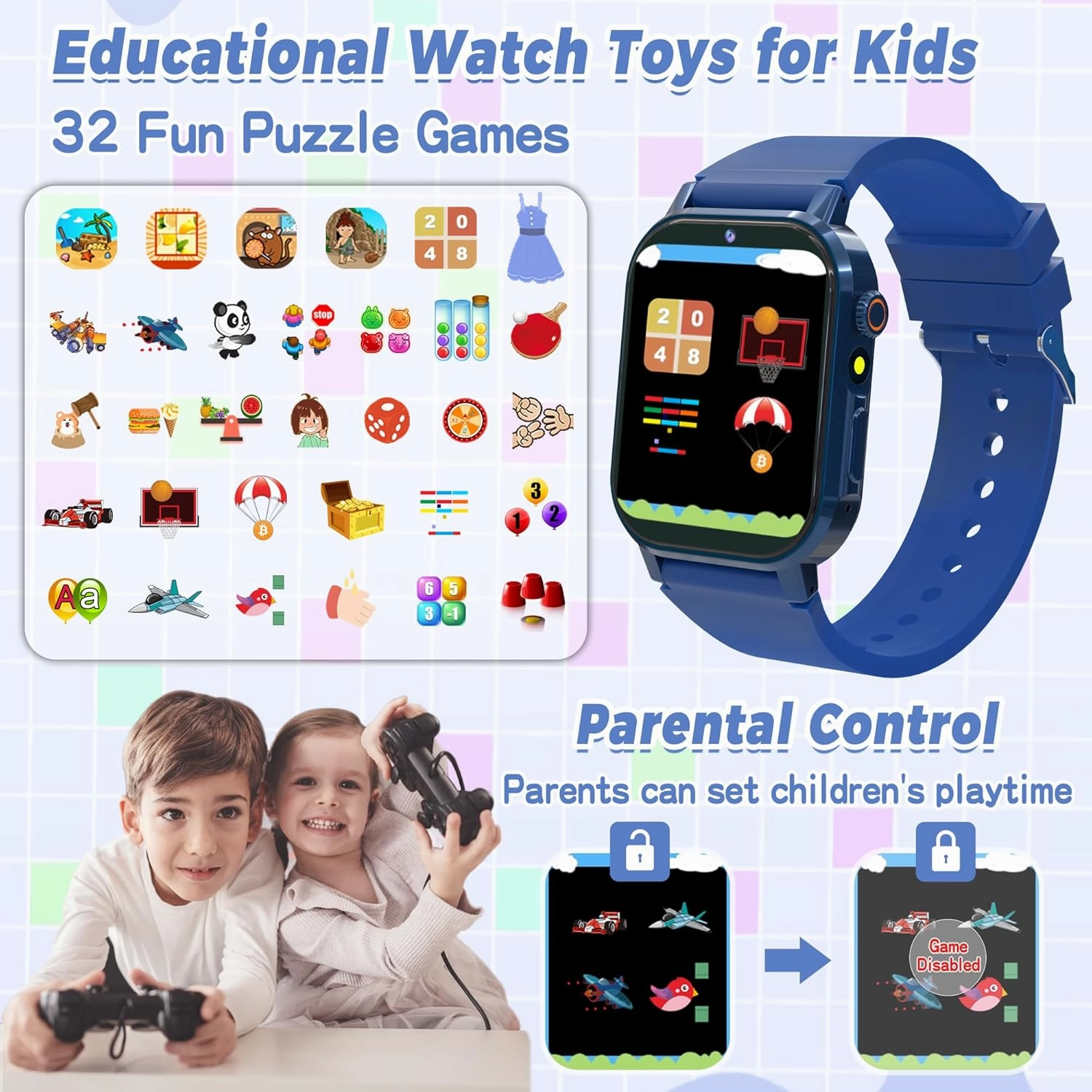 Phyulls Smart Watch for Kids with 32 Games, HD Touch Screen Kids Smart Watch Boys with Video Camera Music Alarm Pedometer Audiobooks Flashlight 12/24 hr Educational Toys Birthday Gifts for Boys 3-12