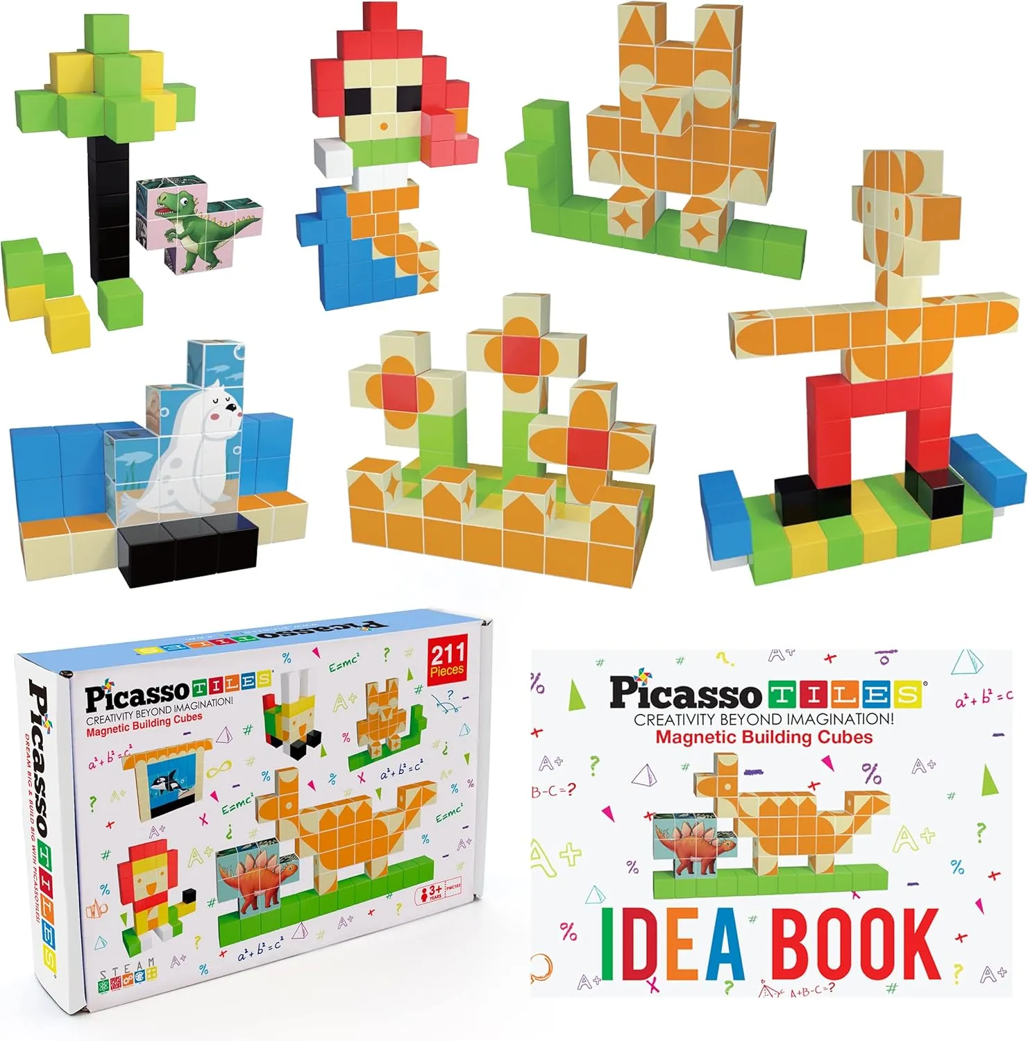 PicassoTiles Magnetic Puzzle Cube, Electric Power Airlifted Hover Ball, 103pc Mix & Match Cubes w/Free Idea Book Sensory STEAM Building Block, LED Foam Bumper Soft Edge for Indoor Outdoor Gaming