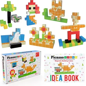 PicassoTiles Magnetic Puzzle Cube, Electric Power Airlifted Hover Ball, 103pc Mix & Match Cubes w/Free Idea Book Sensory STEAM Building Block, LED Foam Bumper Soft Edge for Indoor Outdoor Gaming