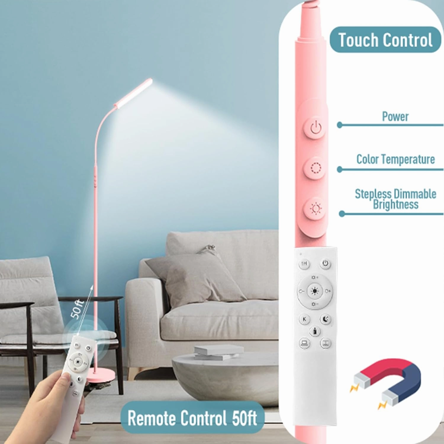 Pink LED Floor Lamp, 18W 1800LM Bright Floor Lamp with Remote & Works with Smart Plug, Dimmable Timing Eye Caring Reading Light Modern Standing Floor Lamp for Living Room Bedroom Office