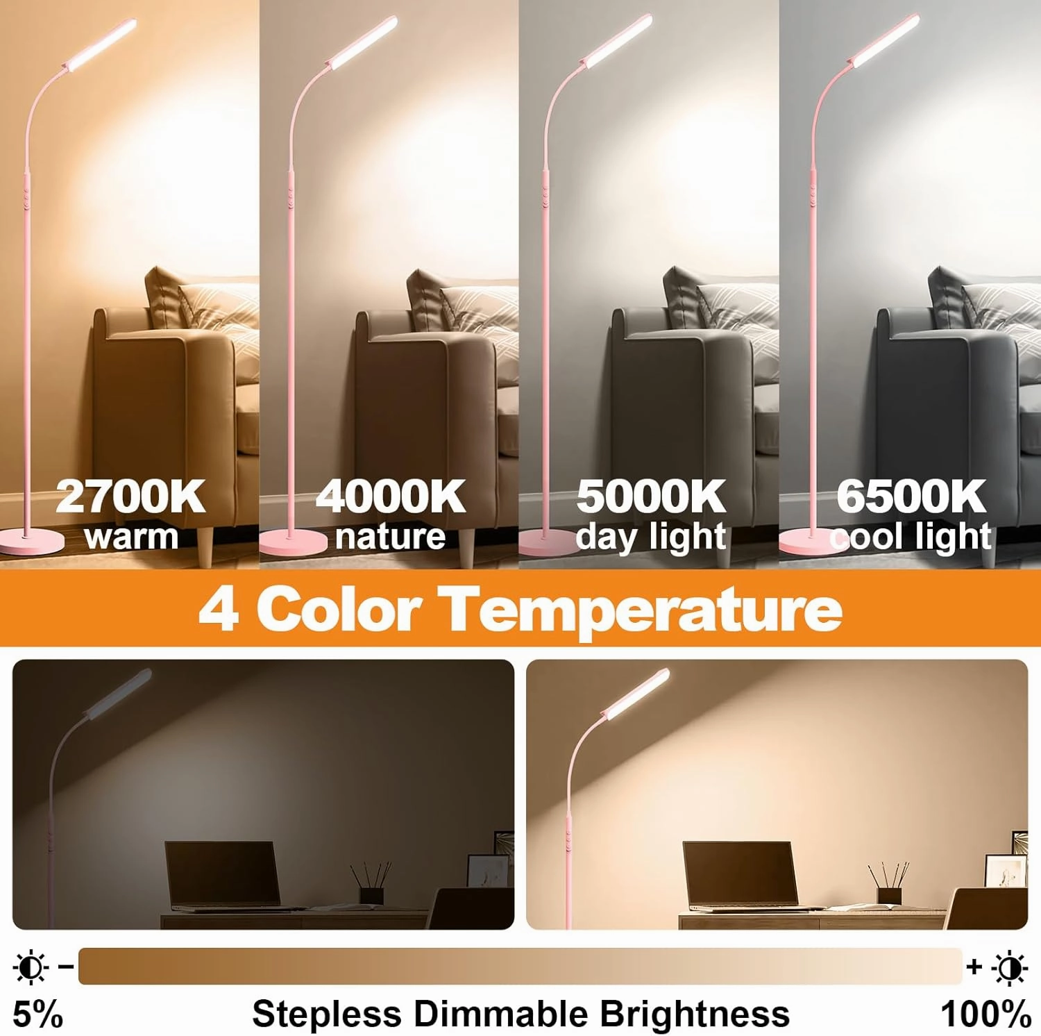 Pink LED Floor Lamp, 18W 1800LM Bright Floor Lamp with Remote & Works with Smart Plug, Dimmable Timing Eye Caring Reading Light Modern Standing Floor Lamp for Living Room Bedroom Office