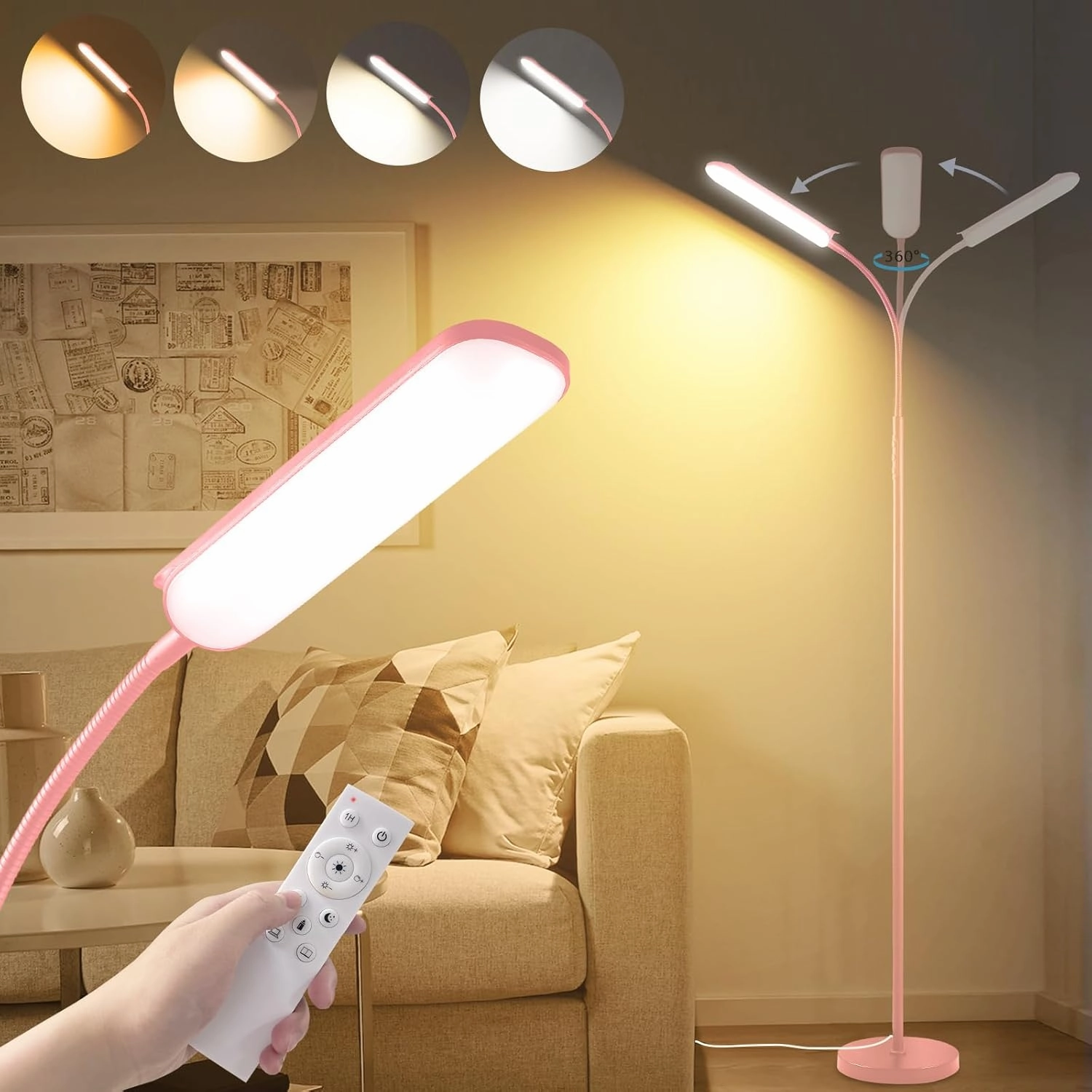 Pink LED Floor Lamp, 18W 1800LM Bright Floor Lamp with Remote & Works with Smart Plug, Dimmable Timing Eye Caring Reading Light Modern Standing Floor Lamp for Living Room Bedroom Office